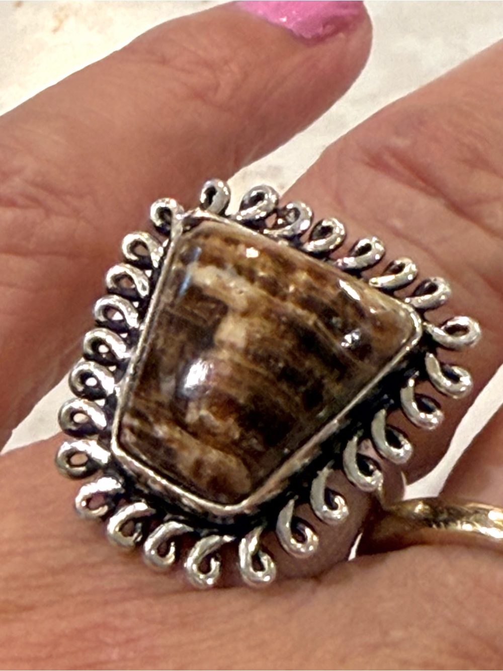 Vintage Native Southwestern Sterling Silver 925 Petrified Wood Statement Ring 6